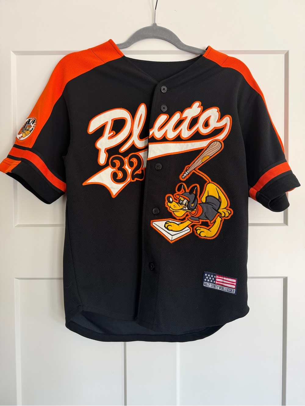 VTG Disney World Pluto Kids' L Baseball Jersey Black & Orange Embroidered patch